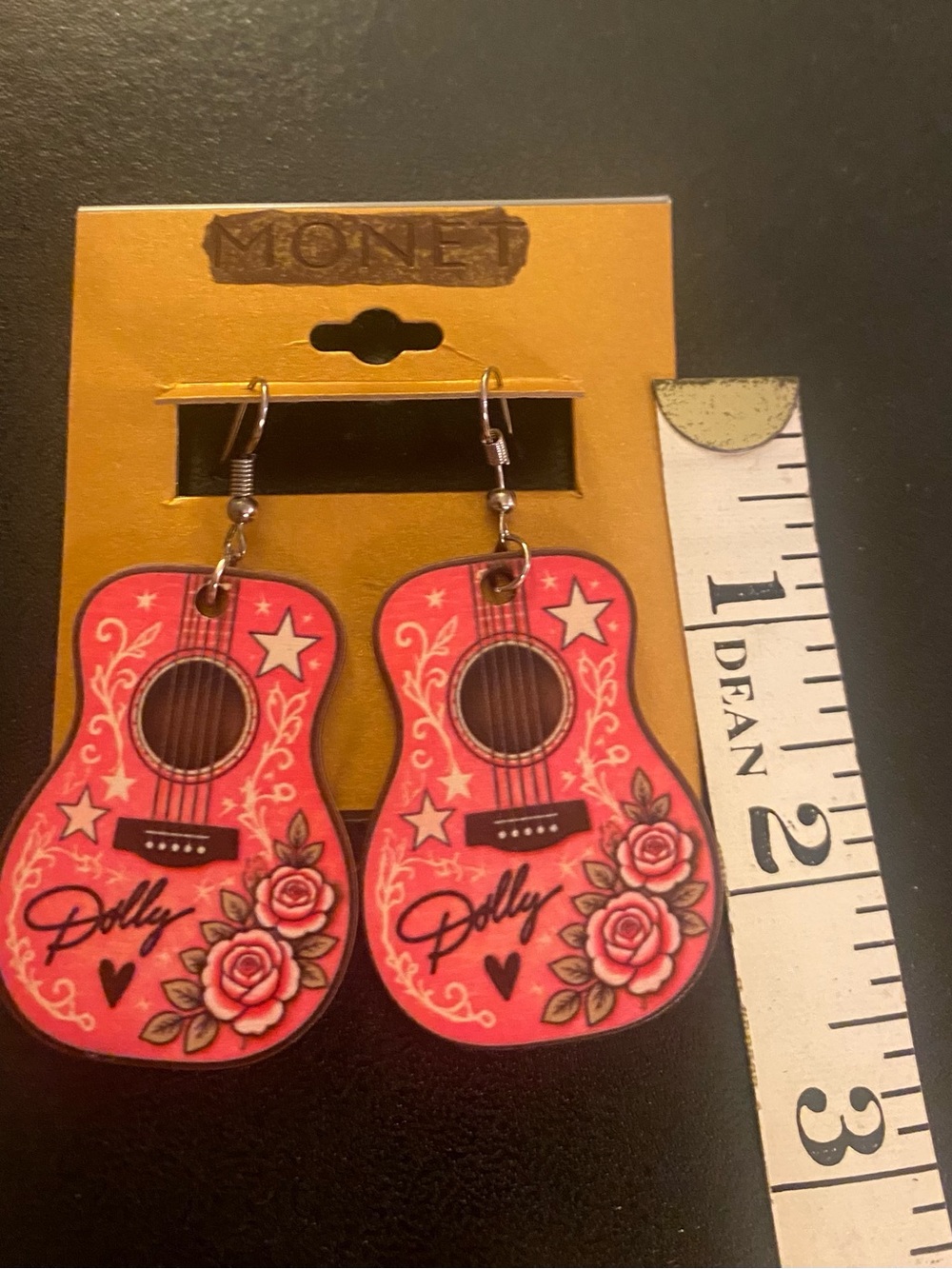 Dolly Parton Guitar Earrings with stars hearts and flowers large double-sided - Picture 6 of 6